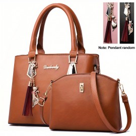 2Pcs Solid Color Bag Set, Women's Tassel Decor Handbags, Fashion Turn Lock Crossbody Bag