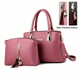 2Pcs Solid Color Bag Set, Women's Tassel Decor Handbags, Fashion Turn Lock Crossbody Bag