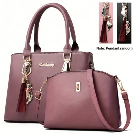 2Pcs Solid Color Bag Set, Women's Tassel Decor Handbags, Fashion Turn Lock Crossbody Bag