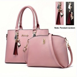 2Pcs Solid Color Bag Set, Women's Tassel Decor Handbags, Fashion Turn Lock Crossbody Bag