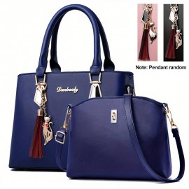 2Pcs Solid Color Bag Set, Women's Tassel Decor Handbags, Fashion Turn Lock Crossbody Bag