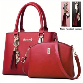 2Pcs Solid Color Bag Set, Women's Tassel Decor Handbags, Fashion Turn Lock Crossbody Bag