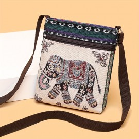 Ethnic Style Canvas Crossbody Bag, Animal Embroidery Square Purse, Women's Phone Bag For Work & Travel