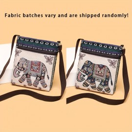 Ethnic Style Canvas Crossbody Bag, Animal Embroidery Square Purse, Women's Phone Bag For Work & Travel