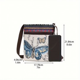 Ethnic Style Canvas Crossbody Bag, Animal Embroidery Square Purse, Women's Phone Bag For Work & Travel