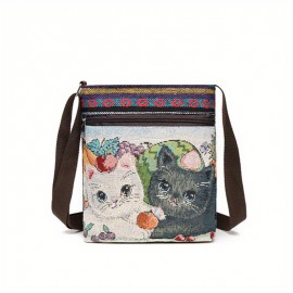 Ethnic Style Canvas Crossbody Bag, Animal Embroidery Square Purse, Women's Phone Bag For Work & Travel