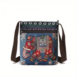 Ethnic Style Canvas Crossbody Bag, Animal Embroidery Square Purse, Women's Phone Bag For Work & Travel