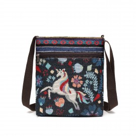 Ethnic Style Canvas Crossbody Bag, Animal Embroidery Square Purse, Women's Phone Bag For Work & Travel