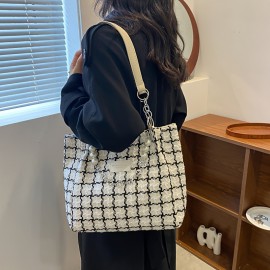 Fashion Sweet Plaid Pattern Tote Bag, Large Capacity All-Match Shoulder Bag For Women, Daliy Use Bag