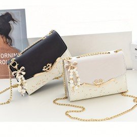 Star Sequins Crossbody Bag, Fashion Chain Shoulder Bag, Heart & Bow Decor Square Purse For Women