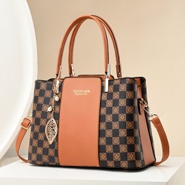 Women's Elegant Tote Satchel Bag, Classic Pattern Shoulder Bag, All-Match Shoulder Bag For Work