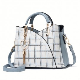 Classic Plaid Pattern Satchel Bag, Trendy Shoulder Bag, Women's Trendy Handbag With Tassel Pendant