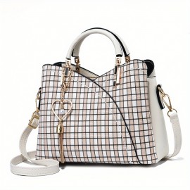 Classic Plaid Pattern Satchel Bag, Trendy Shoulder Bag, Women's Trendy Handbag With Tassel Pendant