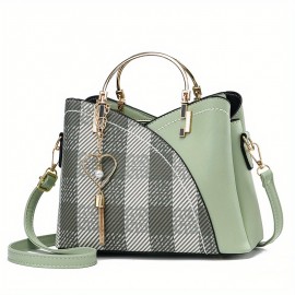 Classic Plaid Pattern Satchel Bag, Trendy Shoulder Bag, Women's Trendy Handbag With Tassel Pendant