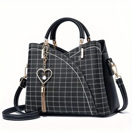 Classic Plaid Pattern Satchel Bag, Trendy Shoulder Bag, Women's Trendy Handbag With Tassel Pendant