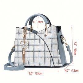 Classic Plaid Pattern Satchel Bag, Trendy Shoulder Bag, Women's Trendy Handbag With Tassel Pendant