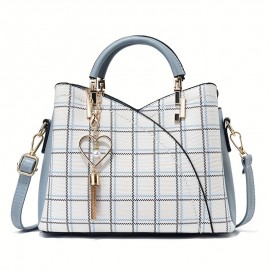 Classic Plaid Pattern Satchel Bag, Trendy Shoulder Bag, Women's Trendy Handbag With Tassel Pendant