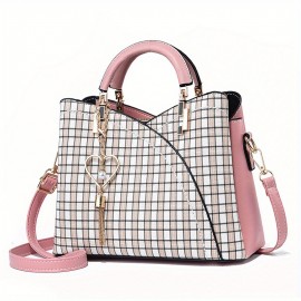 Classic Plaid Pattern Satchel Bag, Trendy Shoulder Bag, Women's Trendy Handbag With Tassel Pendant