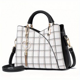 Classic Plaid Pattern Satchel Bag, Trendy Shoulder Bag, Women's Trendy Handbag With Tassel Pendant