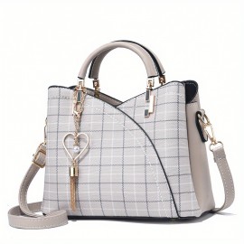 Classic Plaid Pattern Satchel Bag, Trendy Shoulder Bag, Women's Trendy Handbag With Tassel Pendant