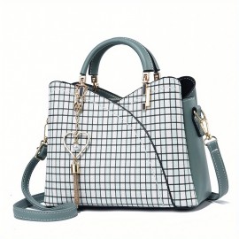 Classic Plaid Pattern Satchel Bag, Trendy Shoulder Bag, Women's Trendy Handbag With Tassel Pendant