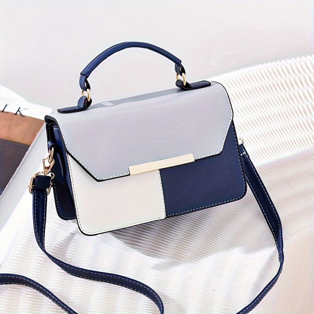 Colorblock Stitching Handbag, Fashion Top Handle Square Purse, Small Crossbody Bag For Women