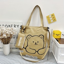 Cartoon Cute Bear Shoulder Bag, Large Capacity Canvas Crossbody Bag With Little Pouch, Portable Adjustable Bag Sets