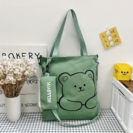 Cartoon Cute Bear Shoulder Bag, Large Capacity Canvas Crossbody Bag With Little Pouch, Portable Adjustable Bag Sets