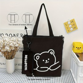 Cartoon Cute Bear Shoulder Bag, Large Capacity Canvas Crossbody Bag With Little Pouch, Portable Adjustable Bag Sets