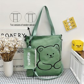 Cartoon Cute Bear Shoulder Bag, Large Capacity Canvas Crossbody Bag With Little Pouch, Portable Adjustable Bag Sets