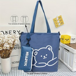 Cartoon Cute Bear Shoulder Bag, Large Capacity Canvas Crossbody Bag With Little Pouch, Portable Adjustable Bag Sets