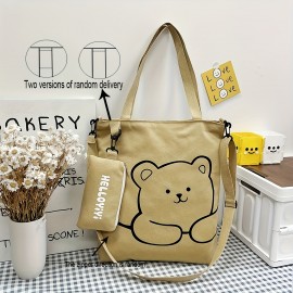 Cartoon Cute Bear Shoulder Bag, Large Capacity Canvas Crossbody Bag With Little Pouch, Portable Adjustable Bag Sets