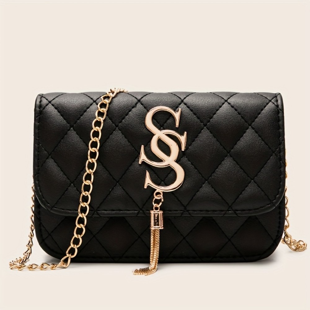 Stylish Chain Crossbody Bag, Women's Argyle Quilted Square Flap Purse, Tassel Decor Shoulder Bag