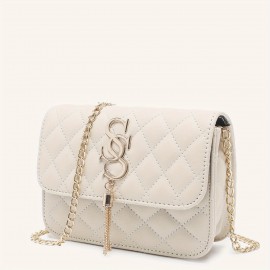 Stylish Chain Crossbody Bag, Women's Argyle Quilted Square Flap Purse, Tassel Decor Shoulder Bag