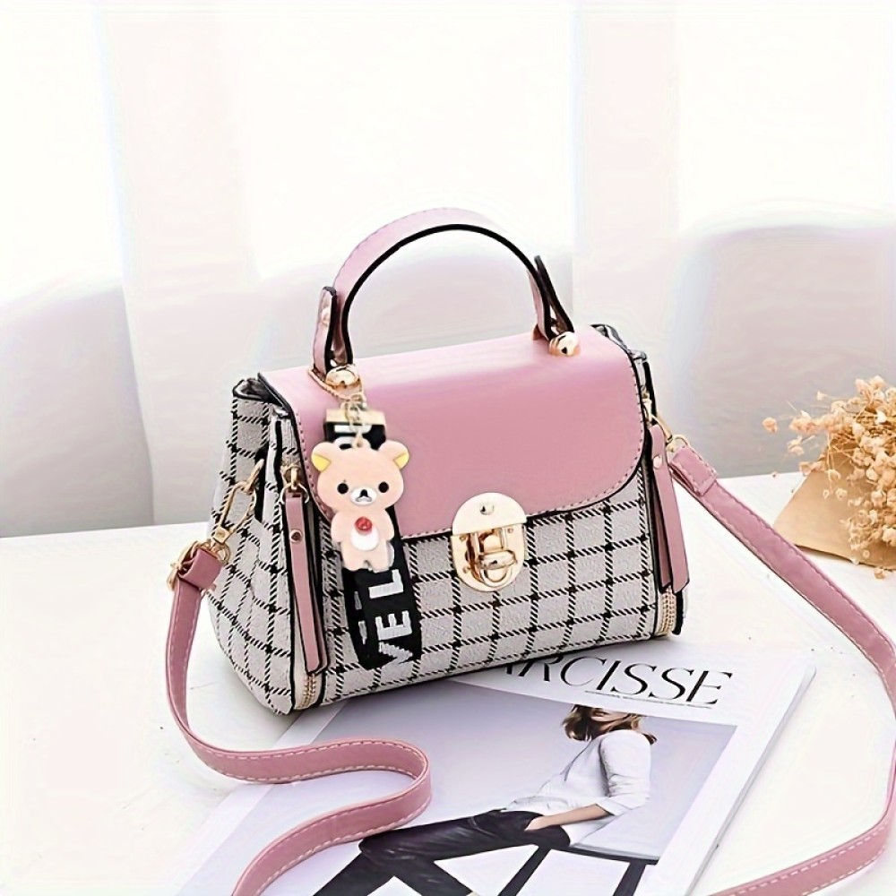 Top Handle Plaid Crossbody Bag, PU Leather Textured Bag Purse, Classic Versatile Fashion Shoulder Bag