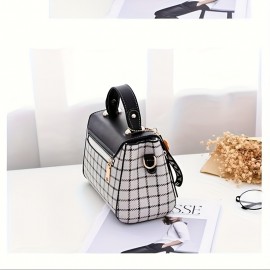 Top Handle Plaid Crossbody Bag, PU Leather Textured Bag Purse, Classic Versatile Fashion Shoulder Bag