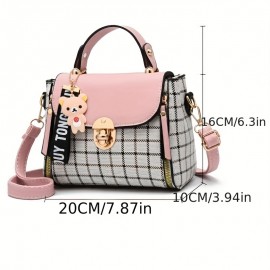 Top Handle Plaid Crossbody Bag, PU Leather Textured Bag Purse, Classic Versatile Fashion Shoulder Bag