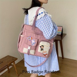 Kawaii Nylon Tote Bag, Large Capacity Shoulder Bag, Pockets Front Crossbody Bag For Women