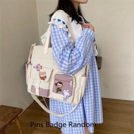 Kawaii Nylon Tote Bag, Large Capacity Shoulder Bag, Pockets Front Crossbody Bag For Women