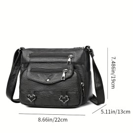 Retro Multi Pockets Crossbody Bag, Soft Faux Leather Shoulder Bag, Heart Decor Purse For Women