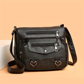 Retro Multi Pockets Crossbody Bag, Soft Faux Leather Shoulder Bag, Heart Decor Purse For Women