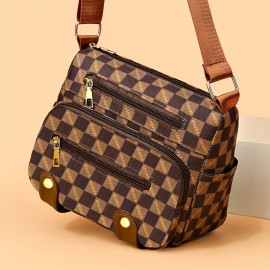 Plaid Pattern Crossbody Bag, Women's Multi Pockets Purse, Studded Decor Faux Leather Shoulder Bag