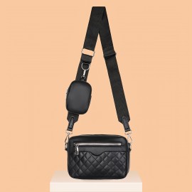 Argyle Quilted Zipper Shoulder Bag, Women's Casual Crossbody Square Bag With Mini Coin Purses