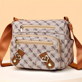 Fashion Plaid Pattern Crossbody Bag, Women's Multi Pockets Purse, Heart Decor Faux Leather Shoulder Bag