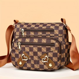 Fashion Plaid Pattern Crossbody Bag, Women's Multi Pockets Purse, Heart Decor Faux Leather Shoulder Bag