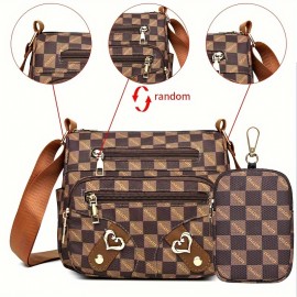 Fashion Plaid Pattern Crossbody Bag, Women's Multi Pockets Purse, Heart Decor Faux Leather Shoulder Bag