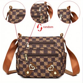 Fashion Plaid Pattern Crossbody Bag, Women's Multi Pockets Purse, Heart Decor Faux Leather Shoulder Bag