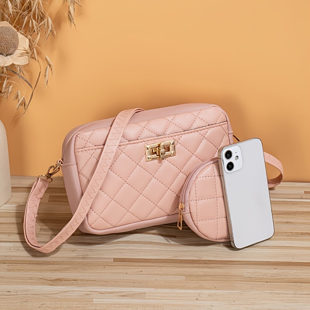 Classic Solid Color Square Shoulder Bag, Trendy Aryle Pattern Crossbody Wallet With Mini Round Pouch