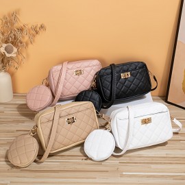 Classic Solid Color Square Shoulder Bag, Trendy Aryle Pattern Crossbody Wallet With Mini Round Pouch