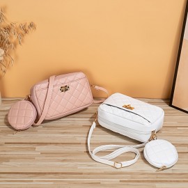 Classic Solid Color Square Shoulder Bag, Trendy Aryle Pattern Crossbody Wallet With Mini Round Pouch